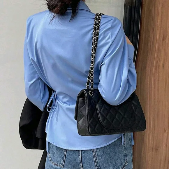 Solid Color Business Casual V-Neck Long Sleeve Cinched Waist Women Blouse - Picture 2 of 4